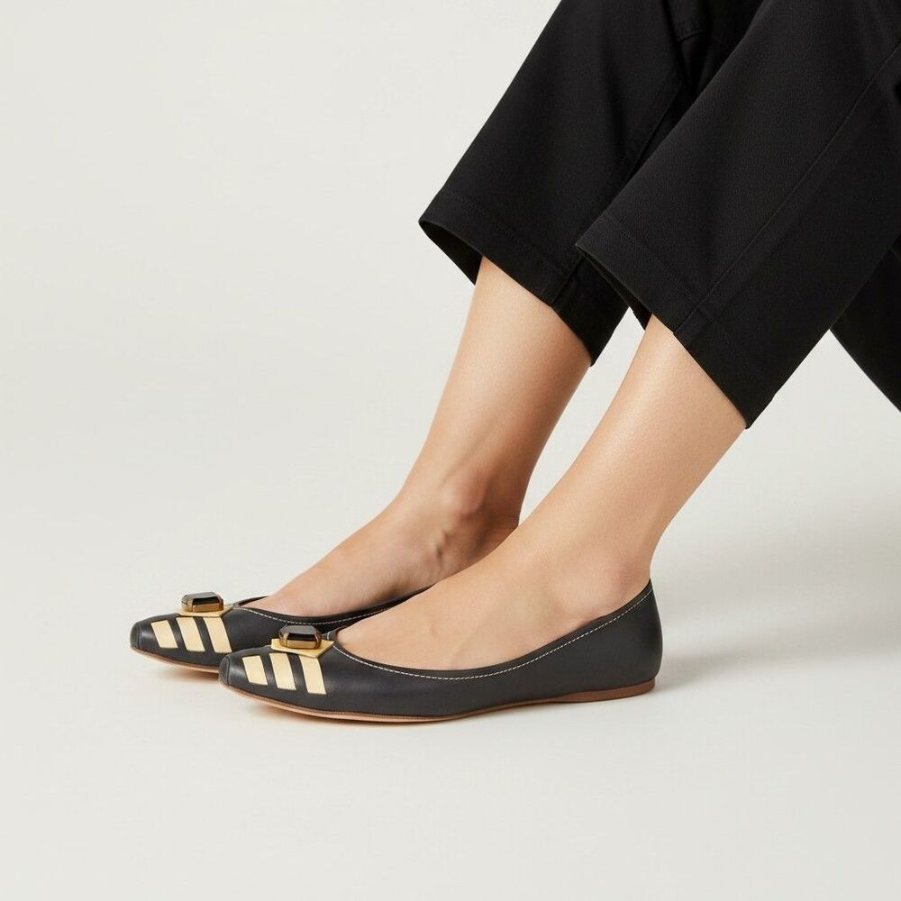 Miu Miu Ballet Flats Women's 8.5 Crystal Embellished Black Yellow Leather 39
